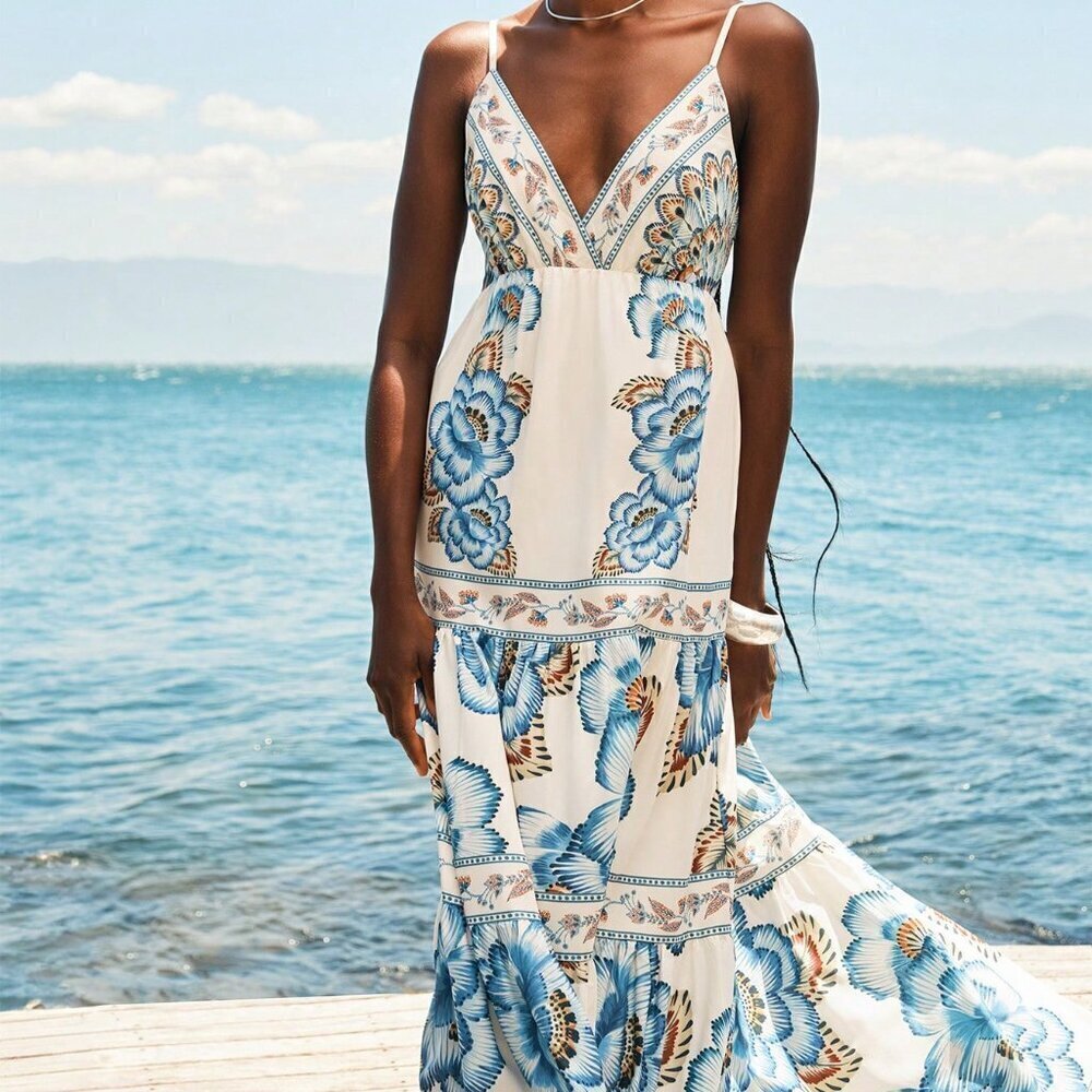 Multicolor Boho Women's Tropical Print V-Neck Long Camisole Dress Beach Dress